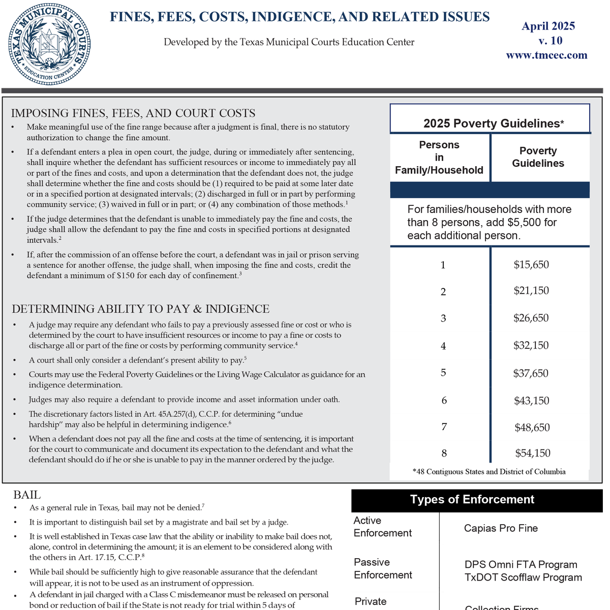 Laminated Bench Card: Fines, Fees, Costs & Indigence (Updated for 2025 ...